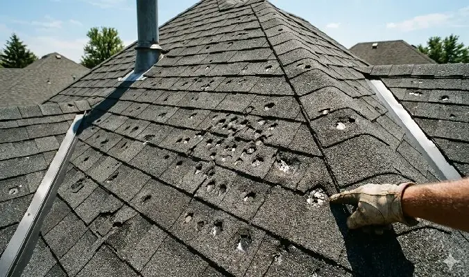 Hand pointing at hail strikes on an asphalt shingle roof